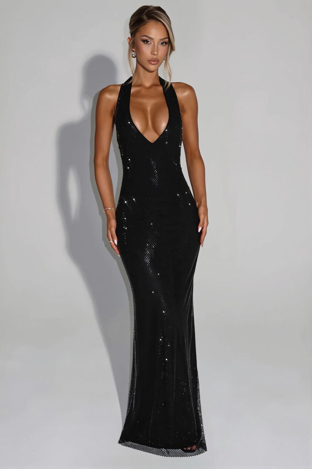Sequin Deep V-Neck Bodycon Maxi Dress