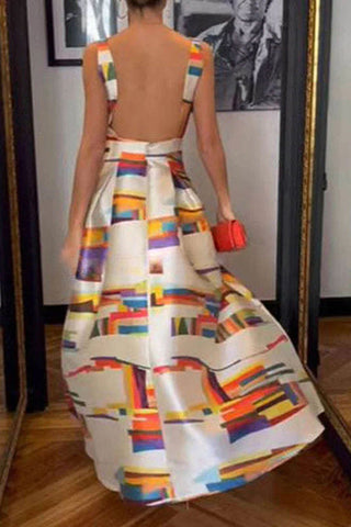 Elegantes, ärmelloses, rückenfreies Party-Maxikleid mit Herbstfarben-Print 