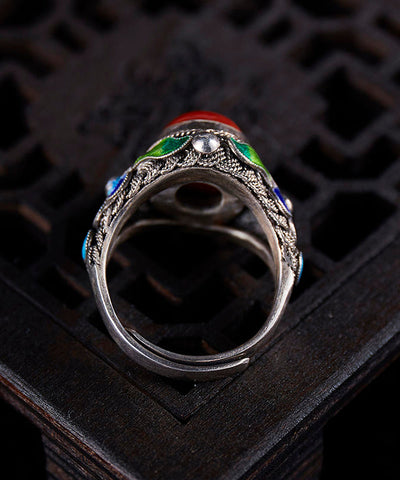 Retro-Ringe aus rotem Sterlingsilber mit Achat und Cloisonné 