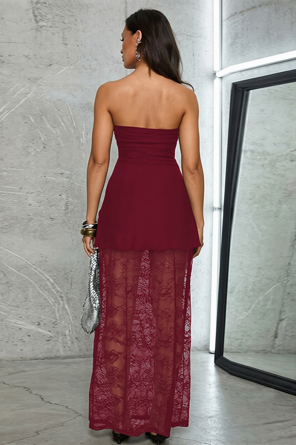 Sexy Lace Insert Strapless Two Piece Set Maxi Dress
