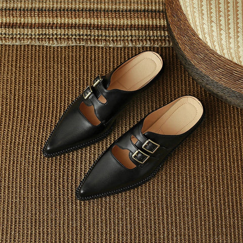Zapatos de verano para mujer, de piel auténtica, con puntera cubierta y tacón grueso, sandalias con tira trasera, pantuflas hechas a mano. 