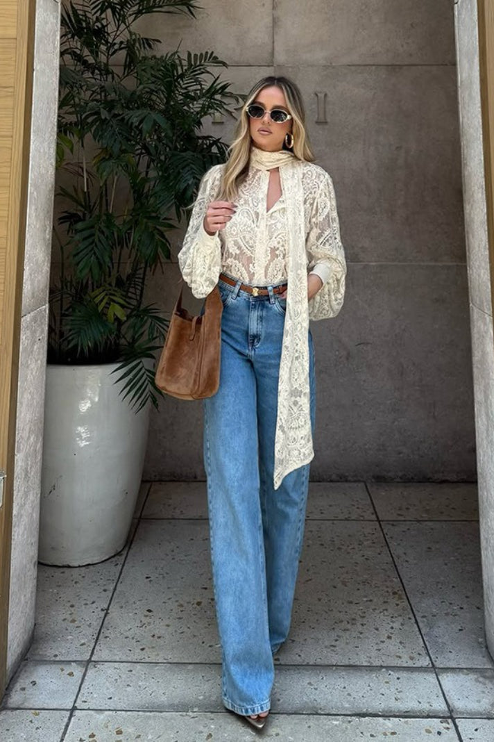 Elegant Tie Sheer Lace Long Sleeve Blouse