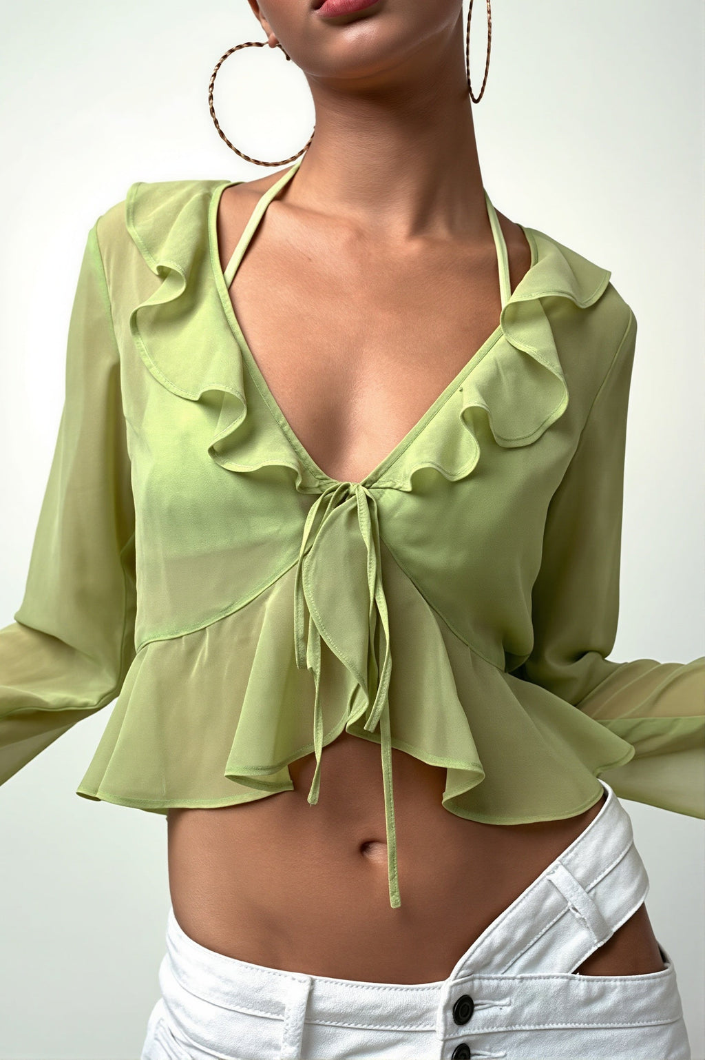 Sheer Flowy Ruffle V Cropped Blouse
