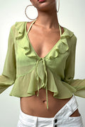 Sheer Flowy Ruffle V Cropped Blouse