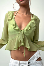 Sheer Flowy Ruffle V Cropped Blouse