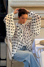 Polka Dot Tie Sheer Lantern Sleeve Blouse