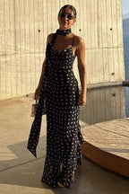 Polka Dot Ruffled Scarf Decor Maxi Dress