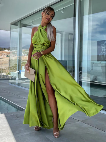 Überkreuztes Maxikleid, ärmellos, Empire-Taille, hochgeschlitztes Ballkleid 