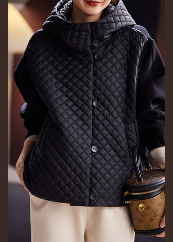 Damen Schwarzer Kapuzenknopf Baumwollgefüllter Mantel Langarm 