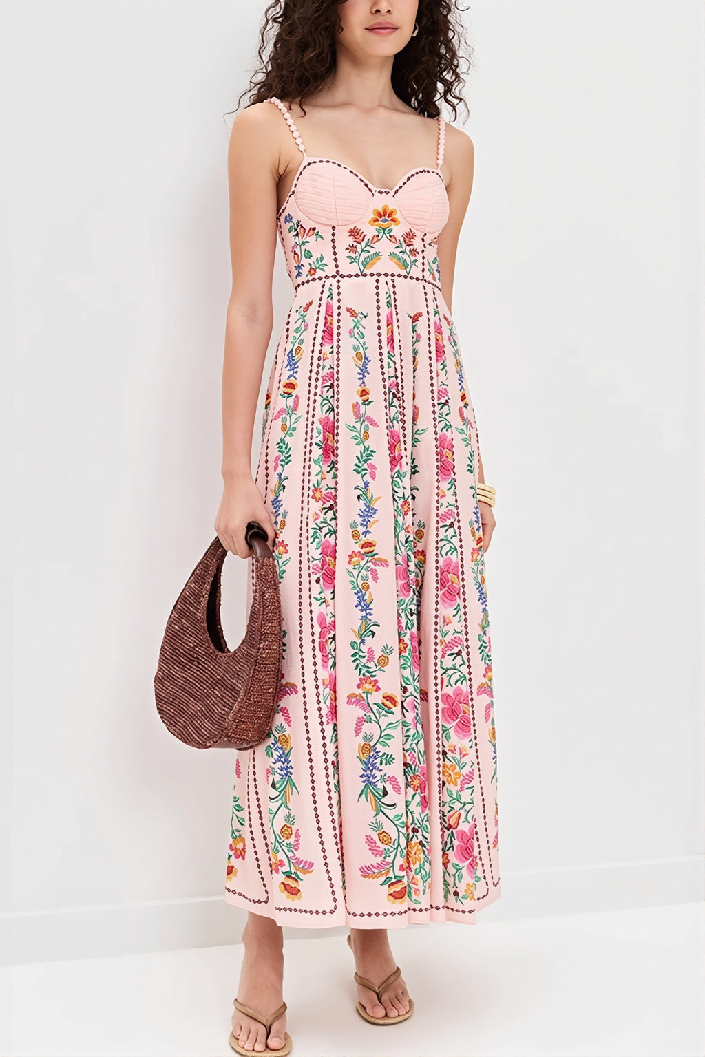 Linen Floral Spaghetti Long Boho Dress