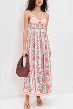 Linen Floral Spaghetti Long Boho Dress