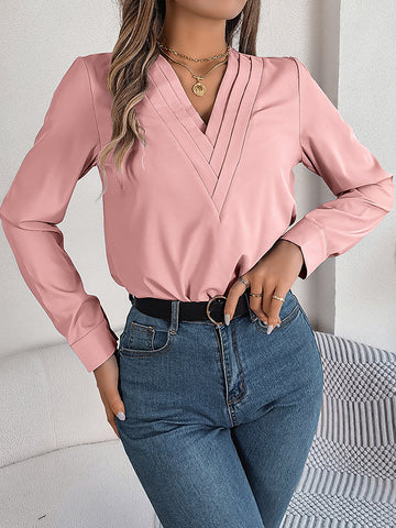Long Sleeves Loose Pleated Solid Color Split-Joint V-Neck T-Shirts Tops