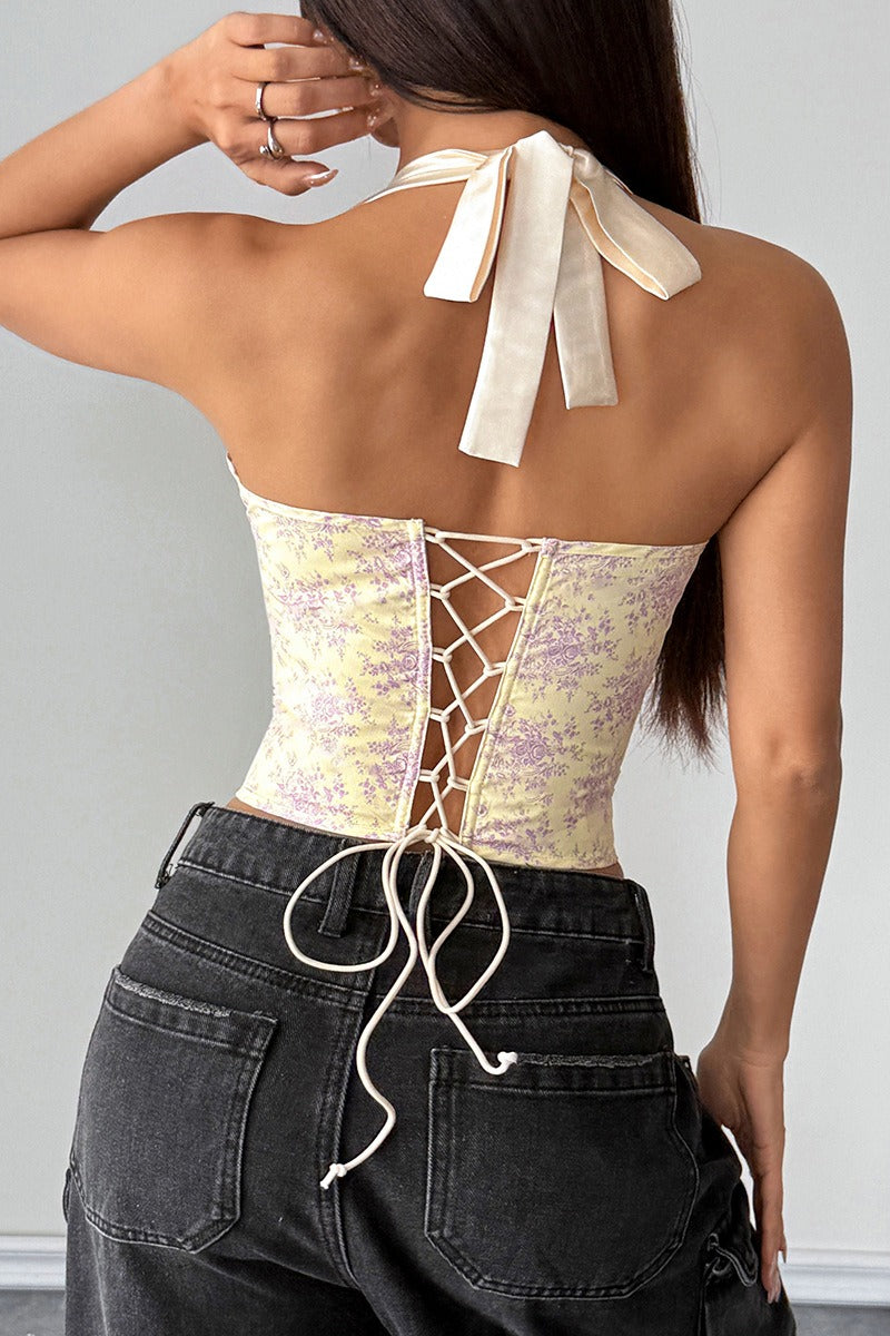 Sexy Ruffle Print Halter Bustier  Halter Top