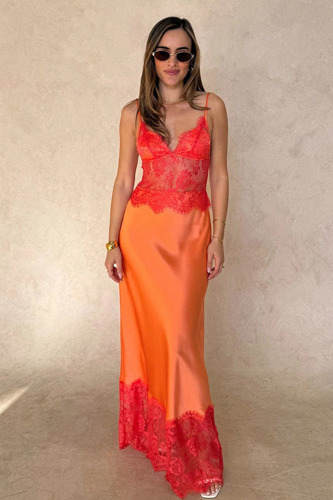 Elegant Sexy Deep V Sheer Lace Patchwork Maxi Dress