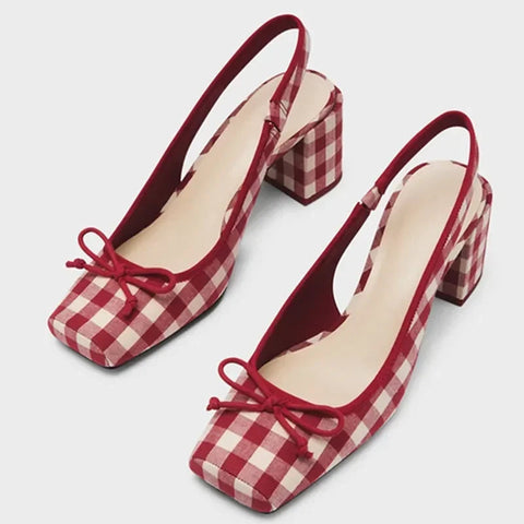New DesignWomen Chunky Heeled Sandals Retro SquareToe Mary JanesPumpsSlingbacks Spring Summer High Heels  Plaid Shoes