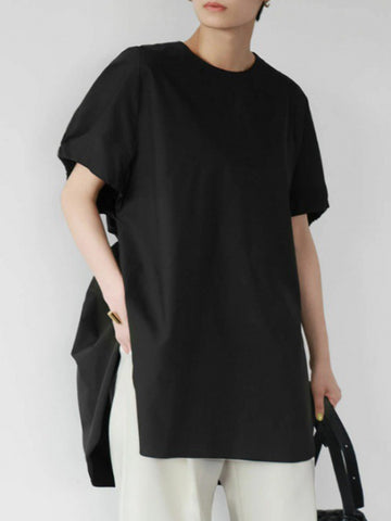 High-Low Loose Elasticity Solid Color Split-Side Rundhals-T-Shirts Tops 