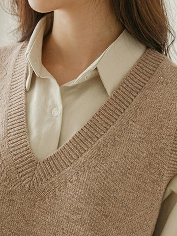Suéter informal holgado sin mangas de color liso con cuello en V 