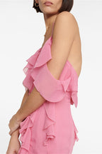Deep V Halter Pink Ruffle Maxi Dress