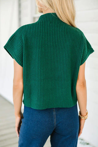 schwarzgrüner Rippstrickpullover mit kurzen Ärmeln 