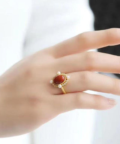 Anillos vintage de ágata dorada en plata de ley roja 