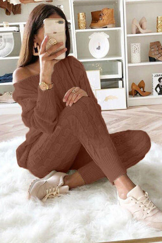 Set aus Zopfmusterpullover und Slim-Fit-Hose mit hohem Tragekomfort 
