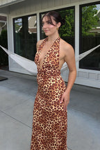 Backless Deep V Leopard Vacation Maxi Dress