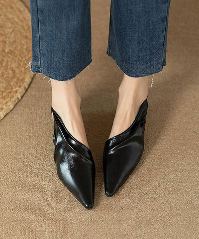 Schwarze Kätzchen Rindsleder Leder Handgemachte Spleißen Sandalen Spitz 