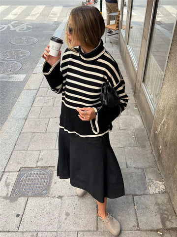 Tossy Winter Women's Striped Turtleneck Oversized Sweater – 2023 New Autumn Collection