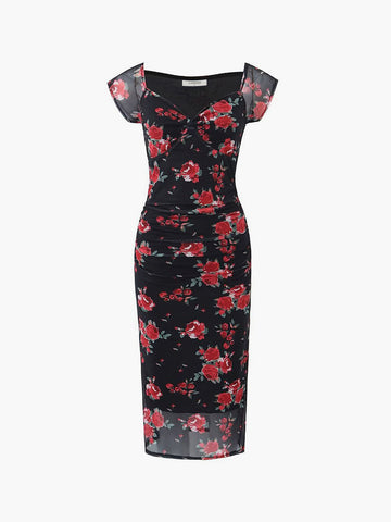 Midikleid mit Blumenmuster und seitlichen Rüschen 