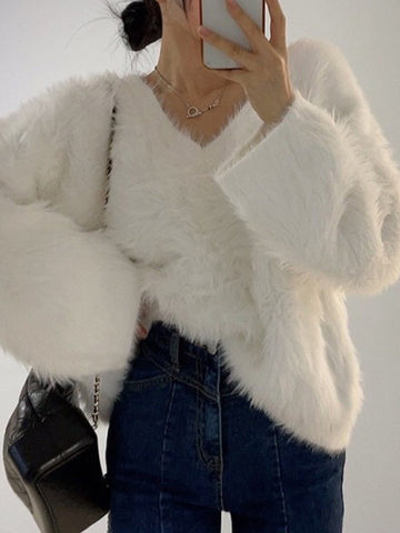 Suéter de cuello en V, suelto, de color liso y manga larga, de creación original 