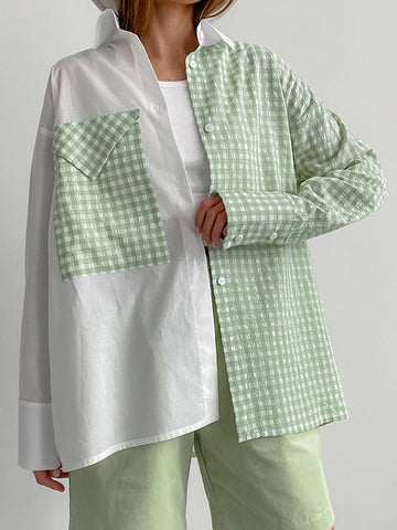 Long Sleeves Loose Buttoned Contrast Color Plaid Pockets Split-Joint Lapel Blouses&Shirts Tops