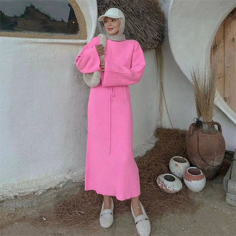 Vestido tipo suéter de manga larga, cintura alta, con cordones, para otoño e invierno, color liso, informal, tejido básico, largo 