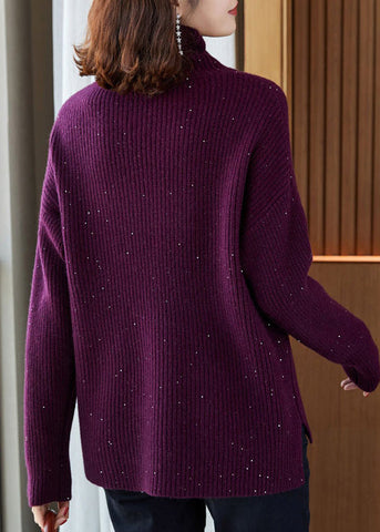 Italienische Lila Hign Neck Pailletten Strick Pullover Pullover Winter 