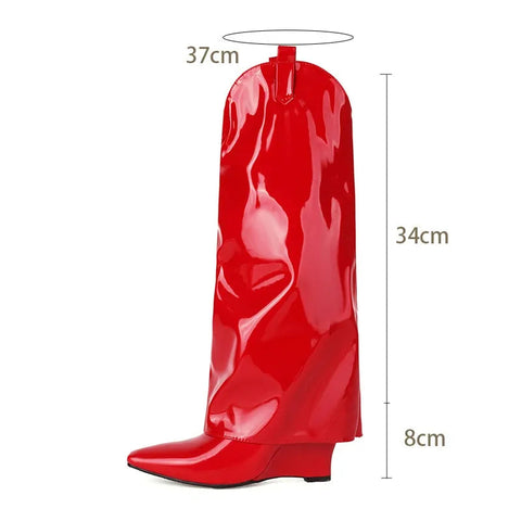 Botas altas hasta la rodilla de charol blanco para mujer, con cuña y tacón, sin cordones, negras y rojas, diseño de pantalones, talla grande 45 