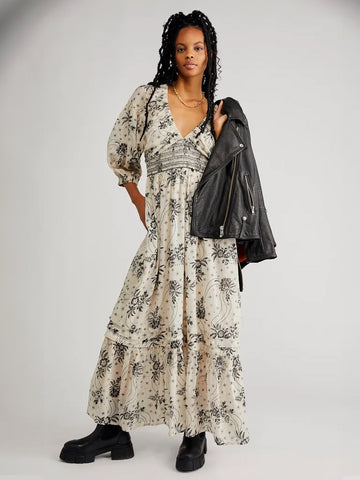 A-Line Flowy Dress Printed V-Neck Puff Sleeves Casual Summer Maxi Dresses