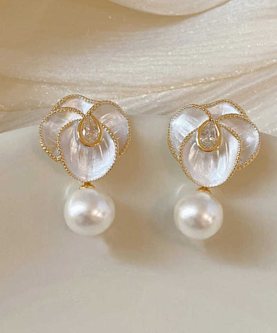 Chic White Sterling Silver Overgild Zircon Pearl Camellia Flower Drop Earrings