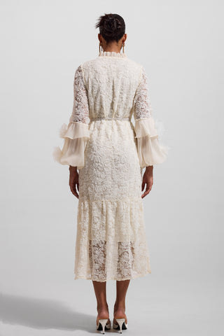 Vestido midi de encaje floral 3D liso con cinturón de perlas falsas 