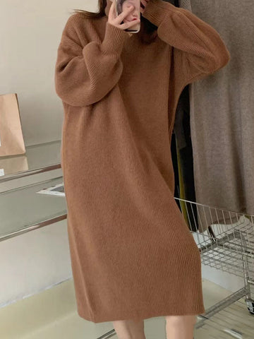 Long Sleeves Loose Solid Color High Neck Midi Dresses Sweater Dresses