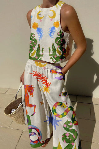 Conjunto de camiseta de tirantes y pantalón con bolsillos y cintura elástica con estampado único de mezcla de lino Island Dreaming 