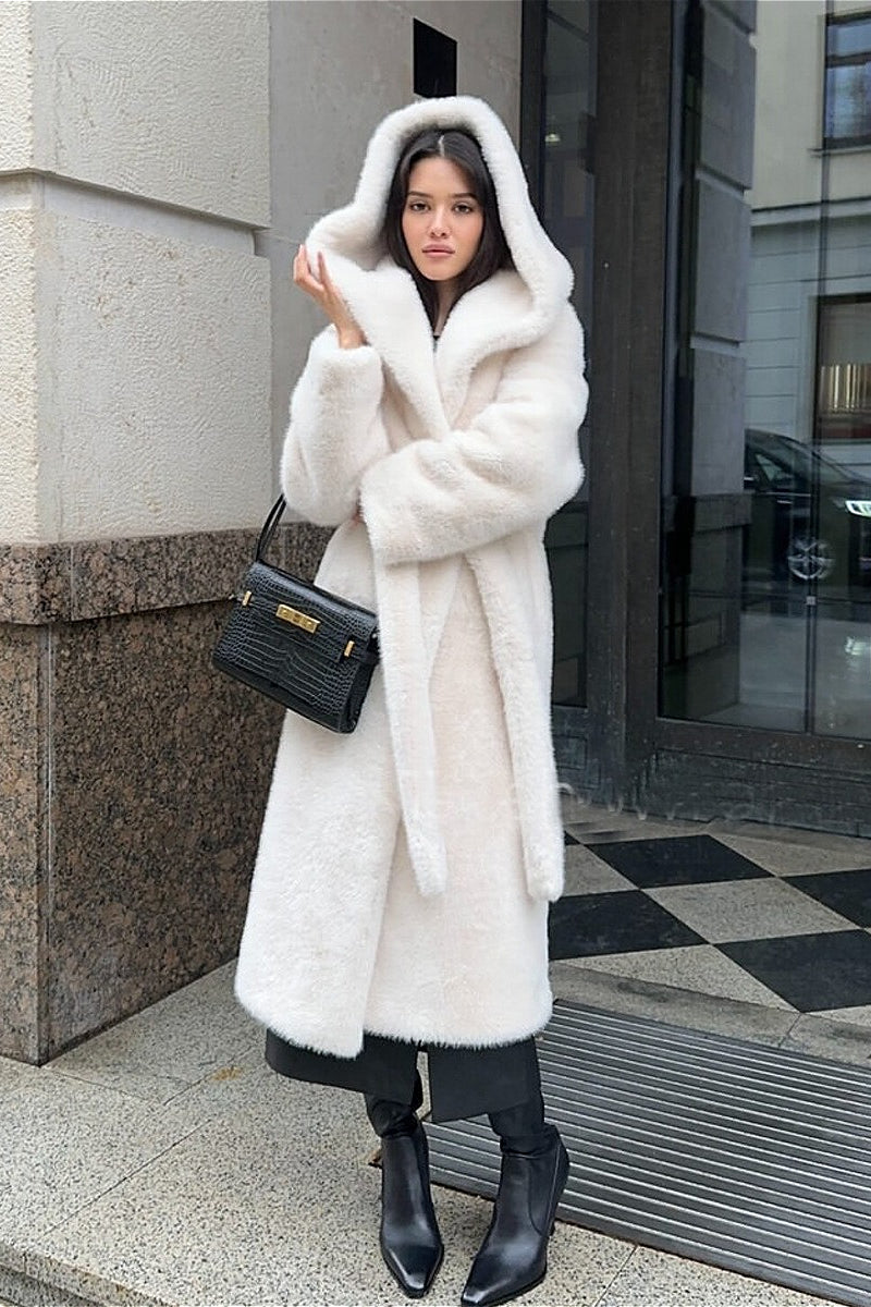 Faux Mink Fur Long Hooded Belted Plush Overcoat