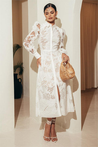 Vestido midi de encaje liso con mangas abullonadas y cinturón 