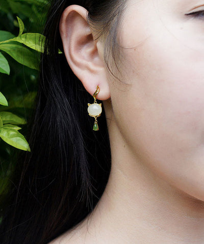 Pendientes vintage de jade dorado en plata de ley blanca 