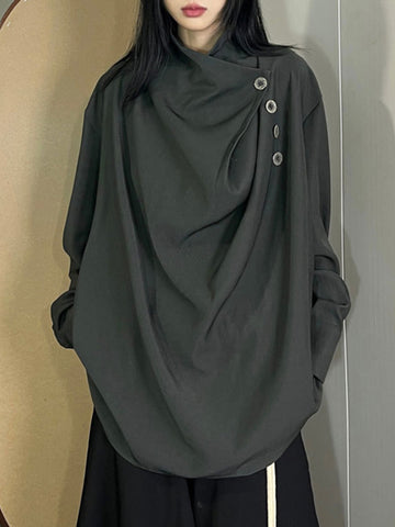 Blusas y camisas de manga larga, sueltas, asimétricas, plisadas, con abertura y cuello alto 