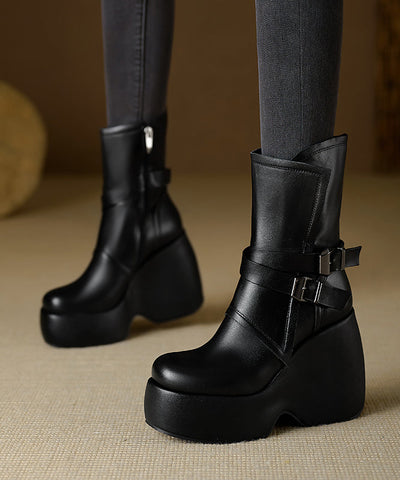 Schicke Splicing Wedge Boots Schwarzes Rindsleder 