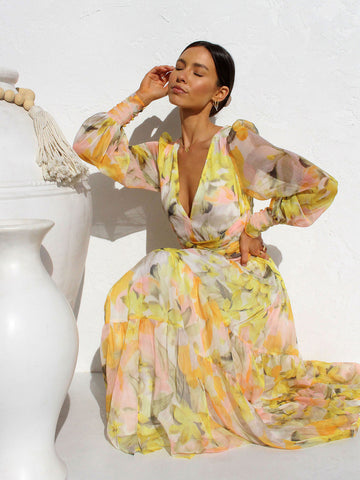 Maxi Dress V-Neck Long Sleeves Bohemian Floral Print Layered Pleated Long Dress