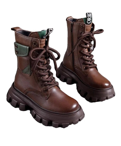 Fashion Splicing Plateaustiefel Schwarz Rindsleder Schnürstiefel 