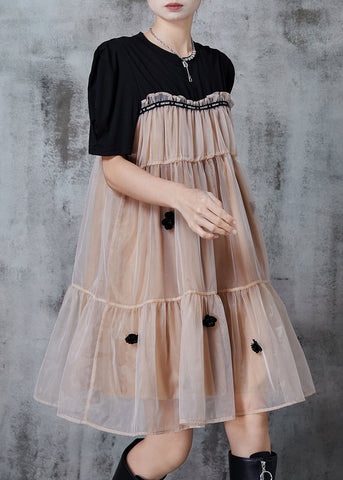 Schickes Khaki Oversized Patchwork Blumen Tüll Teekleid Sommer 