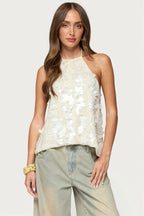 Ruffle Sequin Tie Backless Halter Top
