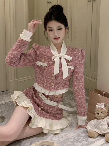 Y2K Tweed 2-teiliges Set für Frauen, Kurzjacke, Mantel + Minirock, Anzüge mit Gürtel, Herbst/Winter, hochwertige koreanische schicke Outfits 