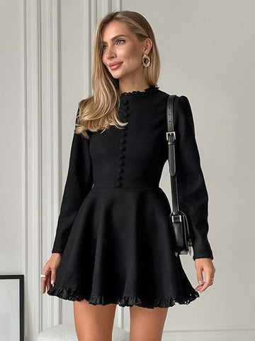 Skater Dresses Polyester Jewel Neck Ruffles Black Chic Long Sleeves Flared Dress Mini Dresses